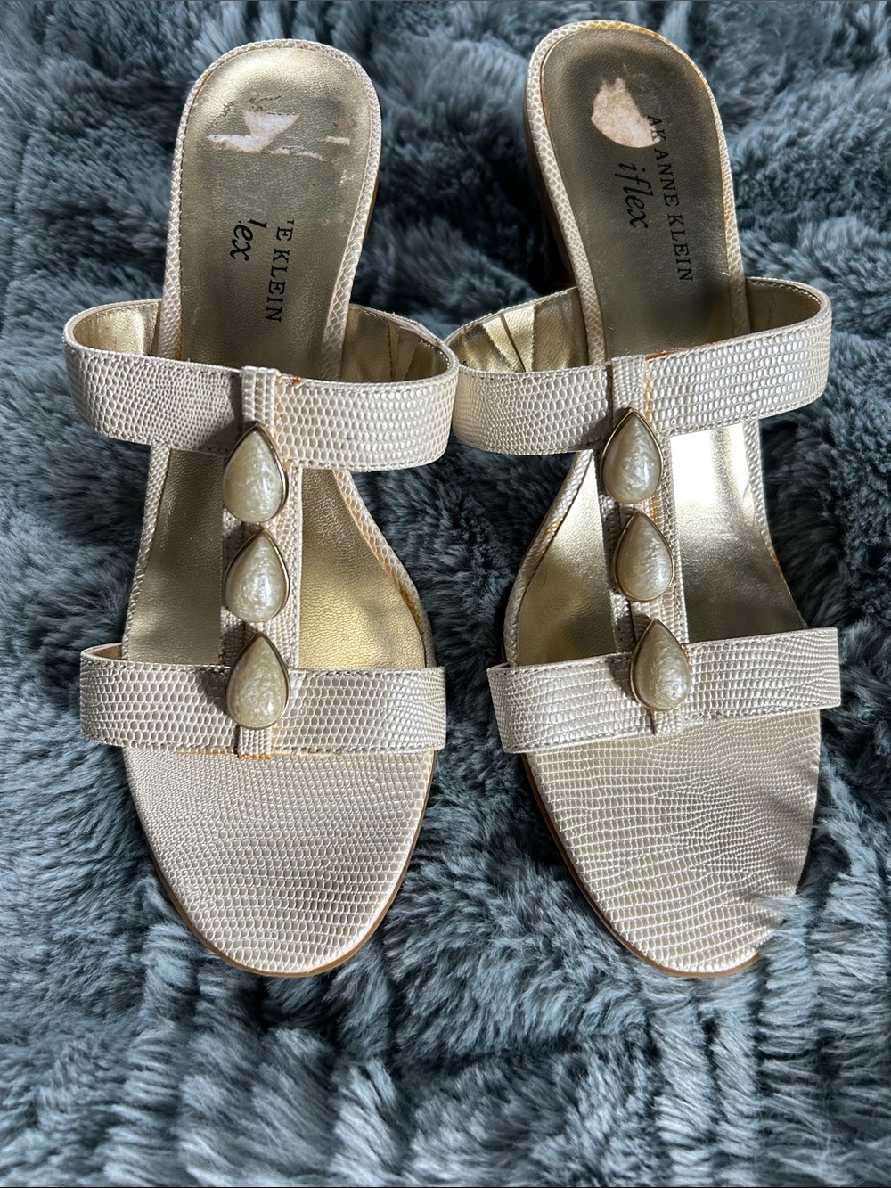 Anne Klein Beige-Gold Textured Slide Sandals with Teardrop Accents